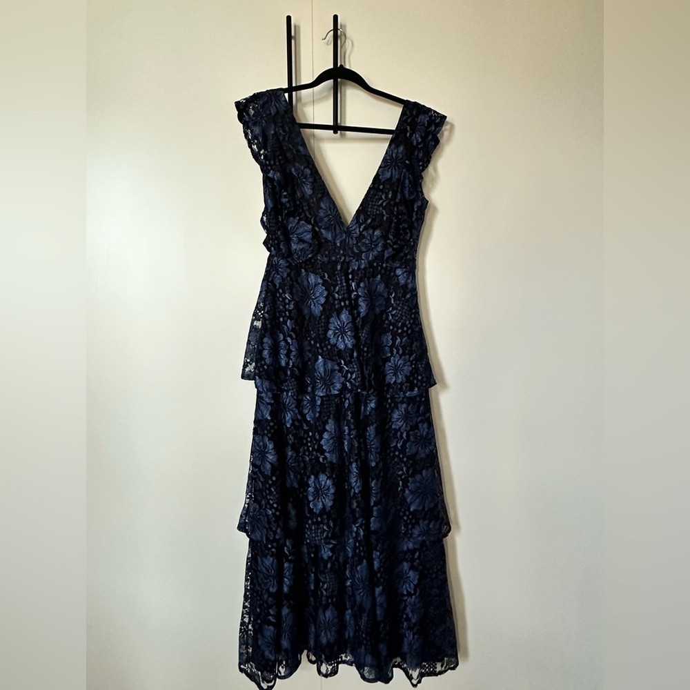 Lulus Molinetto Navy Blue Lace Ruffled Tiered Maxi Dress *customized* open back